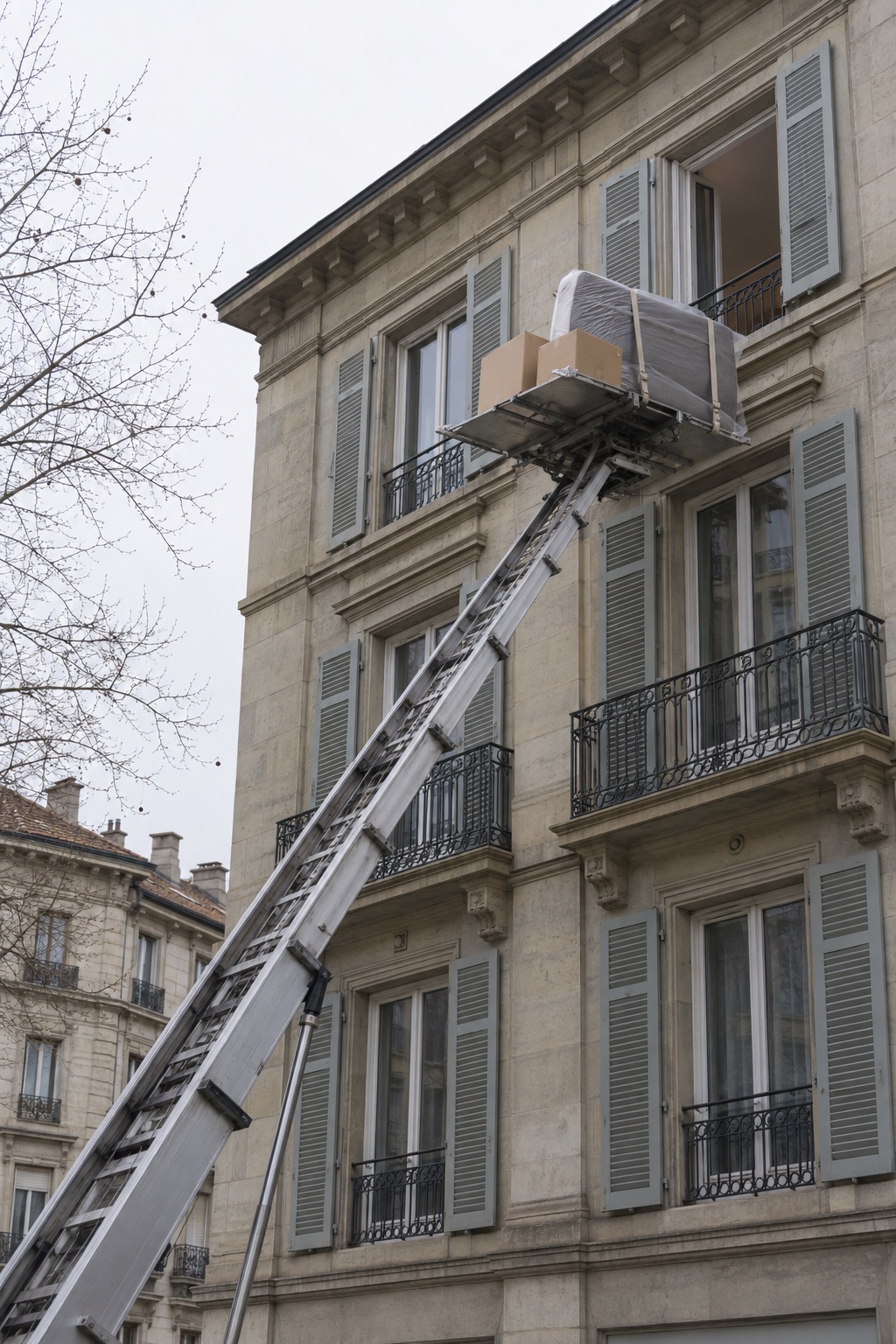 Un monte-meubles déployé contre la façade d’un immeuble, vu depuis la rue.