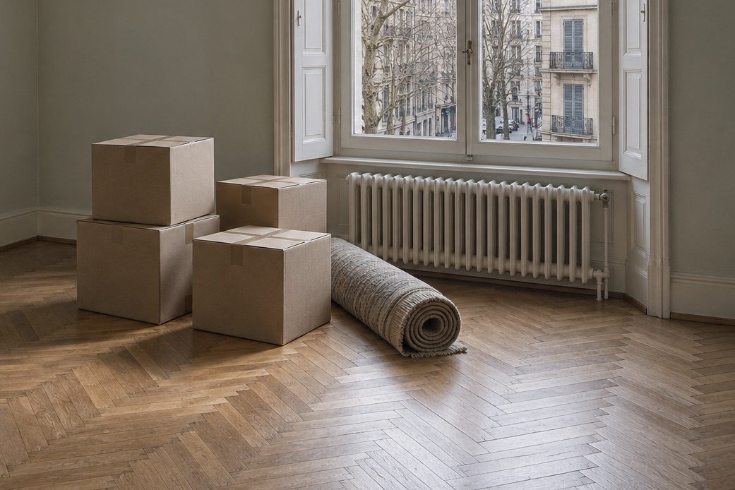 Un appartement vide et lumineux, parquet ancien, quelques cartons posés près de la fenêtre.